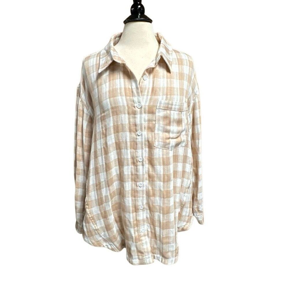 Wishlist Womens Tan/Cream Gingham Check Button Up Pleated Sleeve Top Size M NEW